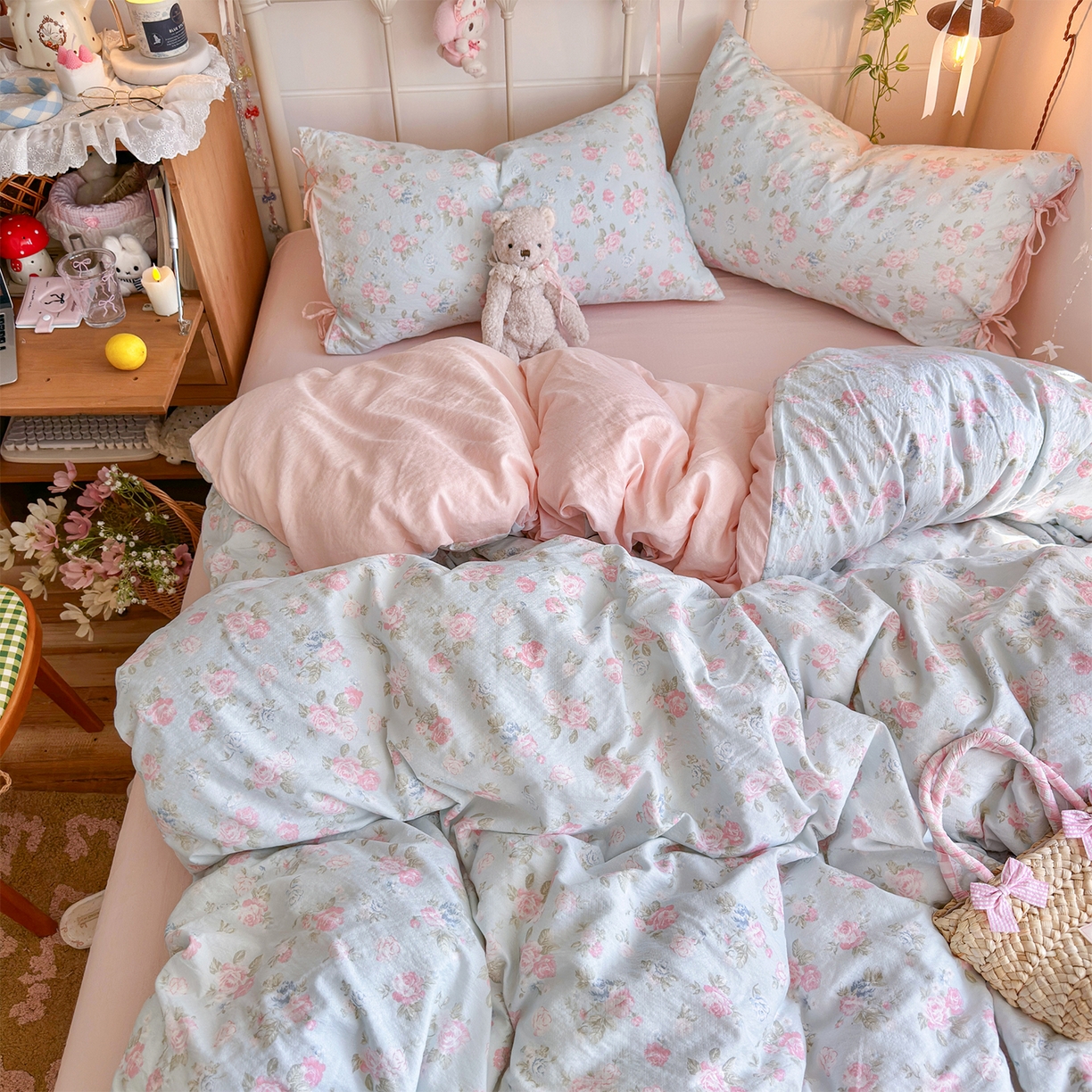 91家纺网 家纺一手货源 找家纺 优选良品 2026新款小清新直播热卖款云感双层纱木棉四件套系列（小红书热款推荐） 花韵