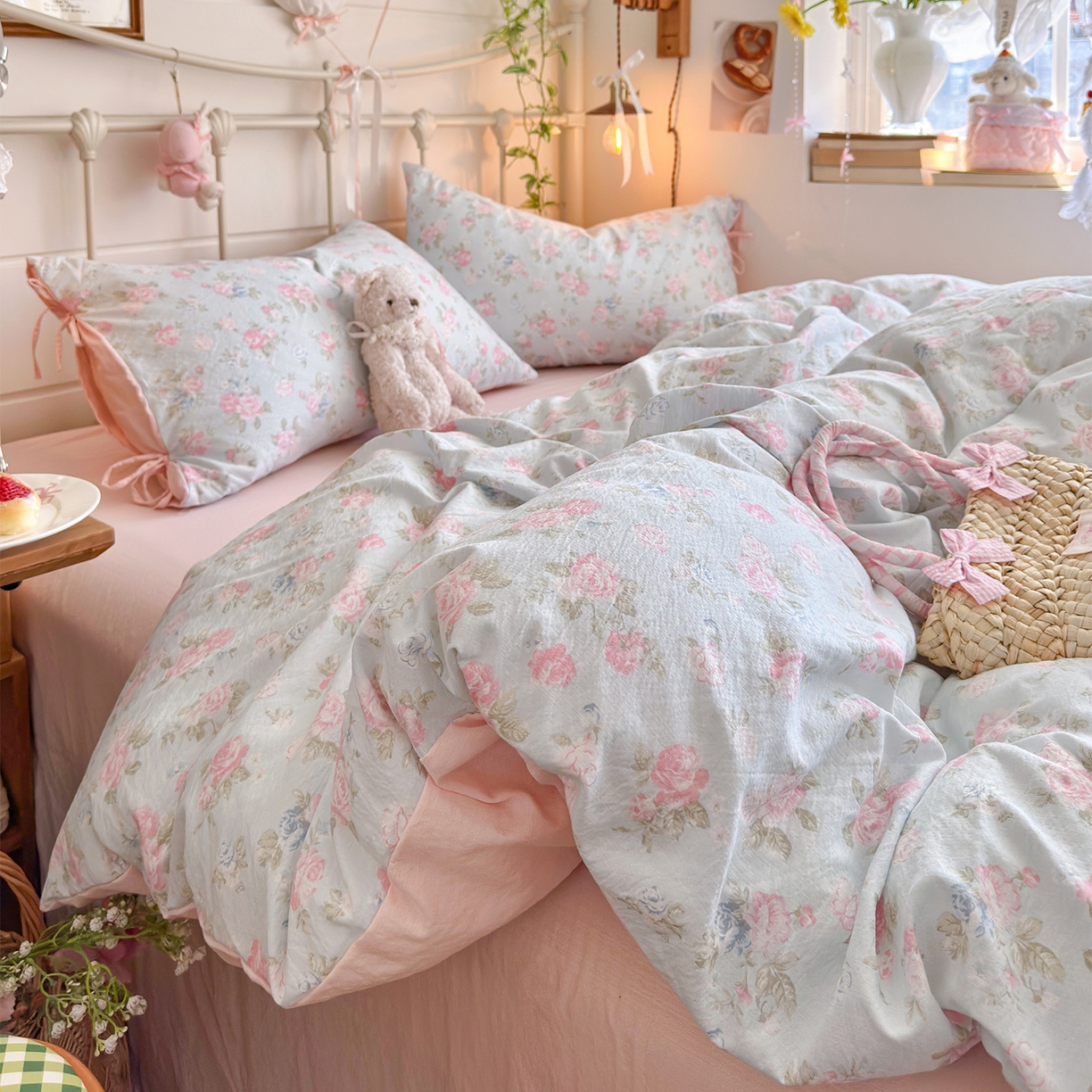 91家纺网 家纺一手货源 找家纺 优选良品 2026新款小清新直播热卖款云感双层纱木棉四件套系列（小红书热款推荐） 花韵