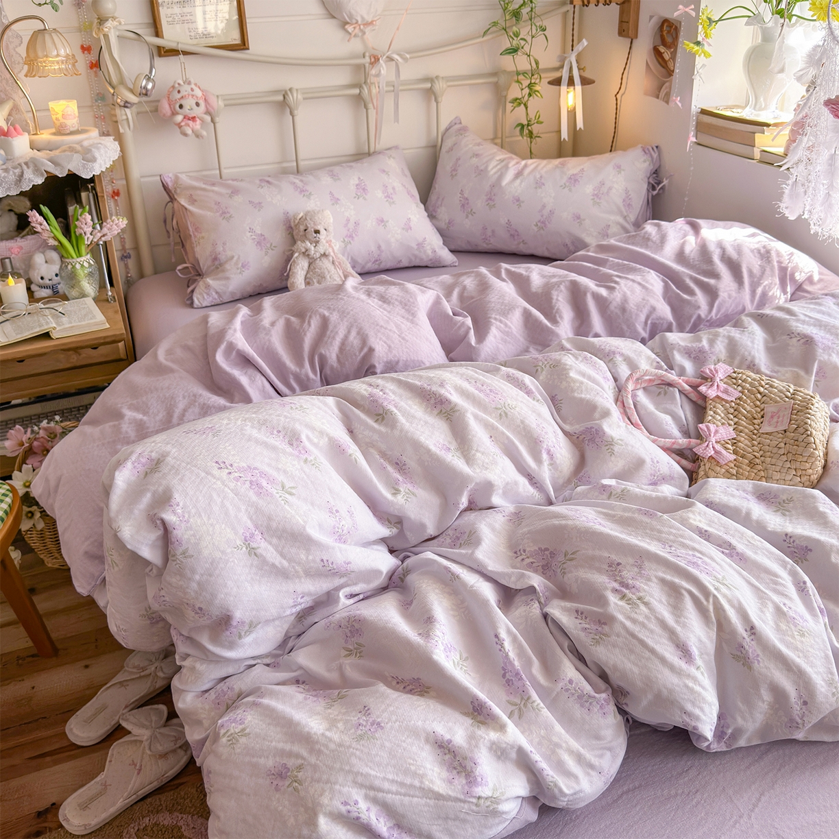 91家纺网 家纺一手货源 找家纺 优选 2026新款小清新直播热卖款云感双层纱木棉床盖四件套系列 卡布紫
