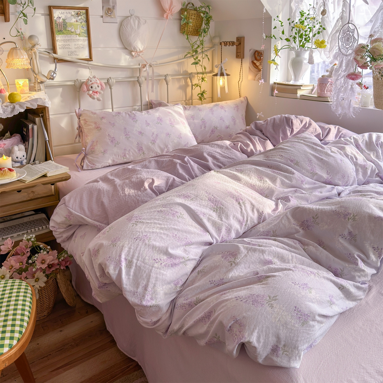 91家纺网 家纺一手货源 找家纺 优选 2026新款小清新直播热卖款云感双层纱木棉床盖四件套系列 卡布紫