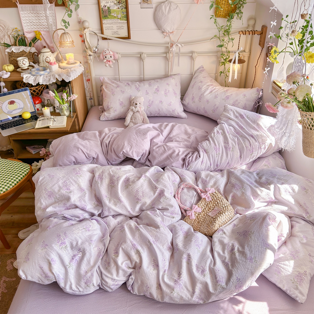 91家纺网 家纺一手货源 找家纺 优选 2026新款小清新直播热卖款云感双层纱木棉床盖四件套系列 卡布紫