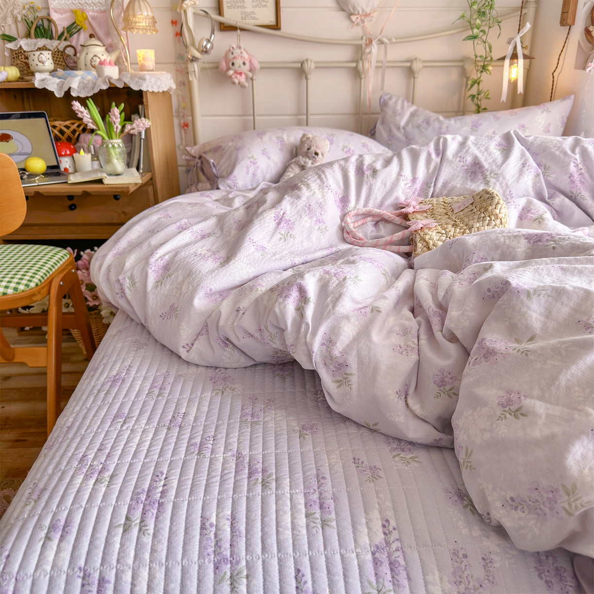 91家纺网 家纺一手货源 找家纺 优选 2026新款小清新直播热卖款云感双层纱木棉床盖四件套系列 卡布紫