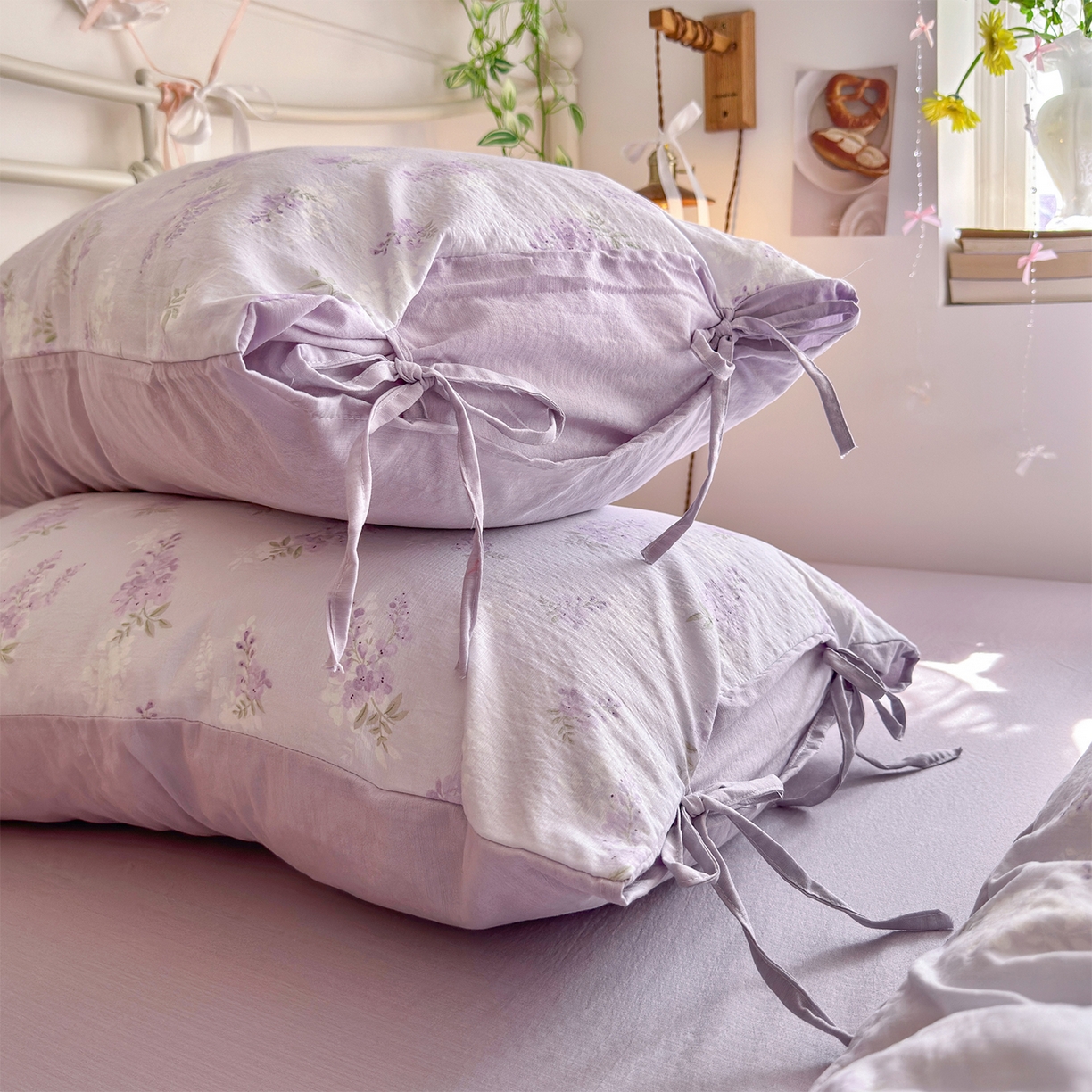 91家纺网 家纺一手货源 找家纺 优选 2026新款小清新直播热卖款云感双层纱木棉床盖四件套系列 卡布紫