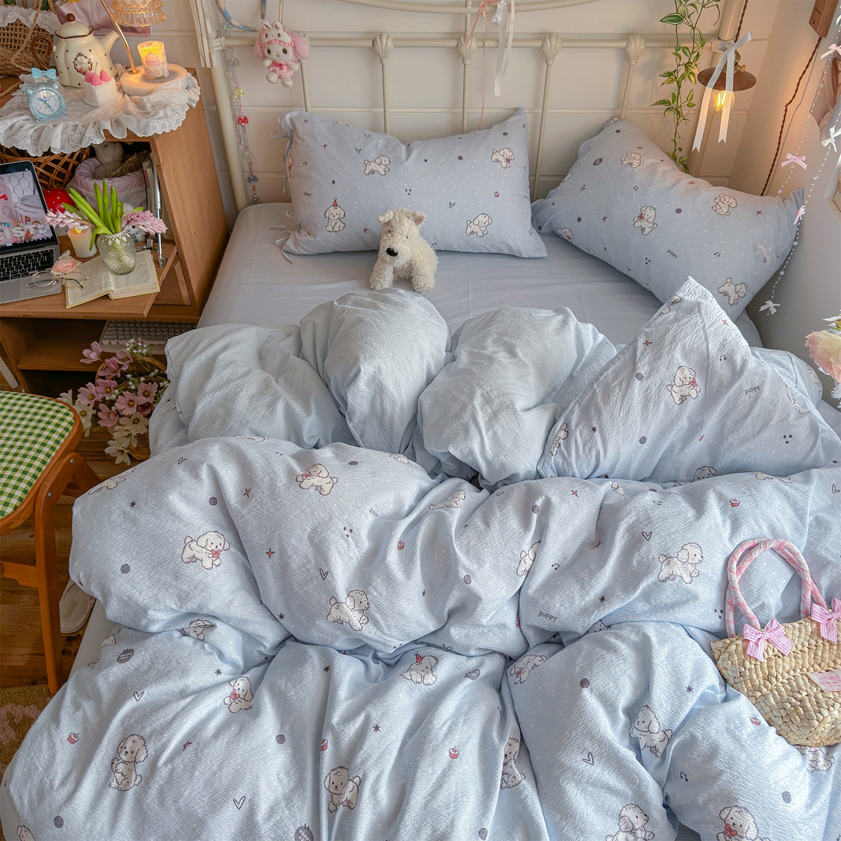 91家纺网 家纺一手货源 找家纺 优选良品 2026新款小清新直播热卖款云感双层纱木棉四件套系列（小红书热款推荐） 可爱修狗