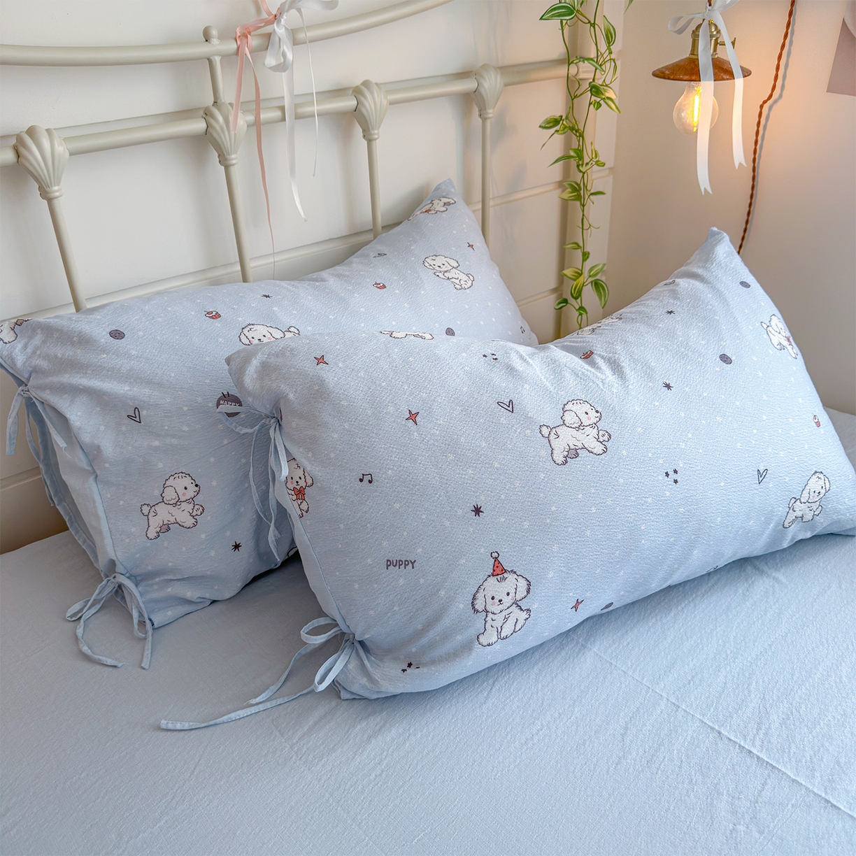 91家纺网 家纺一手货源 找家纺 优选良品 2026新款小清新直播热卖款云感双层纱木棉四件套系列（小红书热款推荐） 可爱修狗