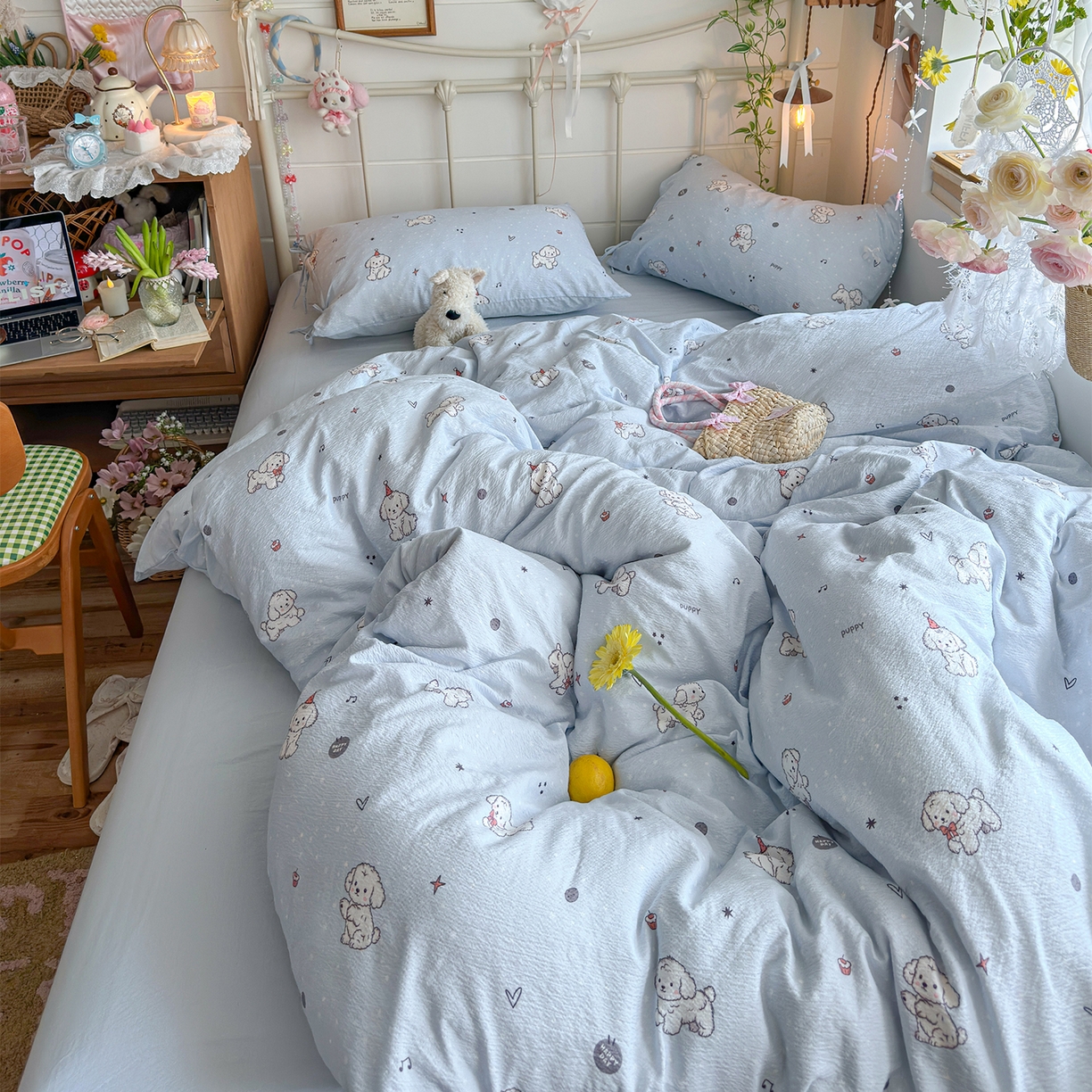 91家纺网 家纺一手货源 找家纺 优选良品 2026新款小清新直播热卖款云感双层纱木棉四件套系列（小红书热款推荐） 可爱修狗