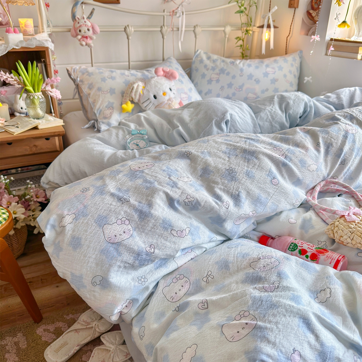 91家纺网 家纺一手货源 找家纺 优选 2026新款小清新直播热卖款云感双层纱木棉床盖四件套系列 爱心喵
