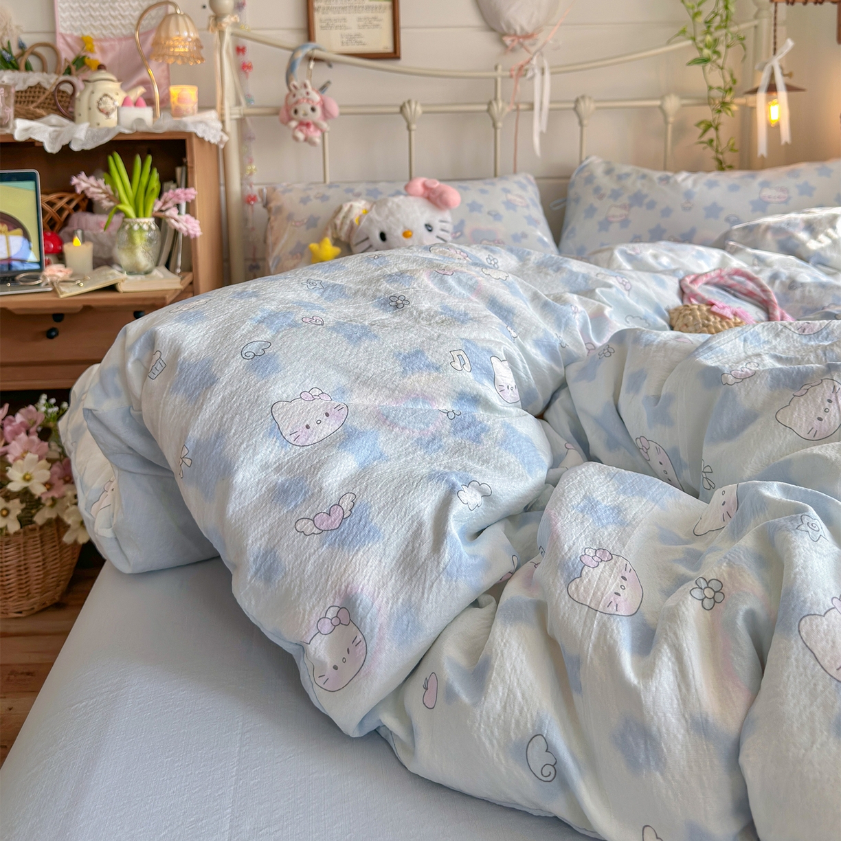 91家纺网 家纺一手货源 找家纺 优选 2026新款小清新直播热卖款云感双层纱木棉床盖四件套系列 爱心喵