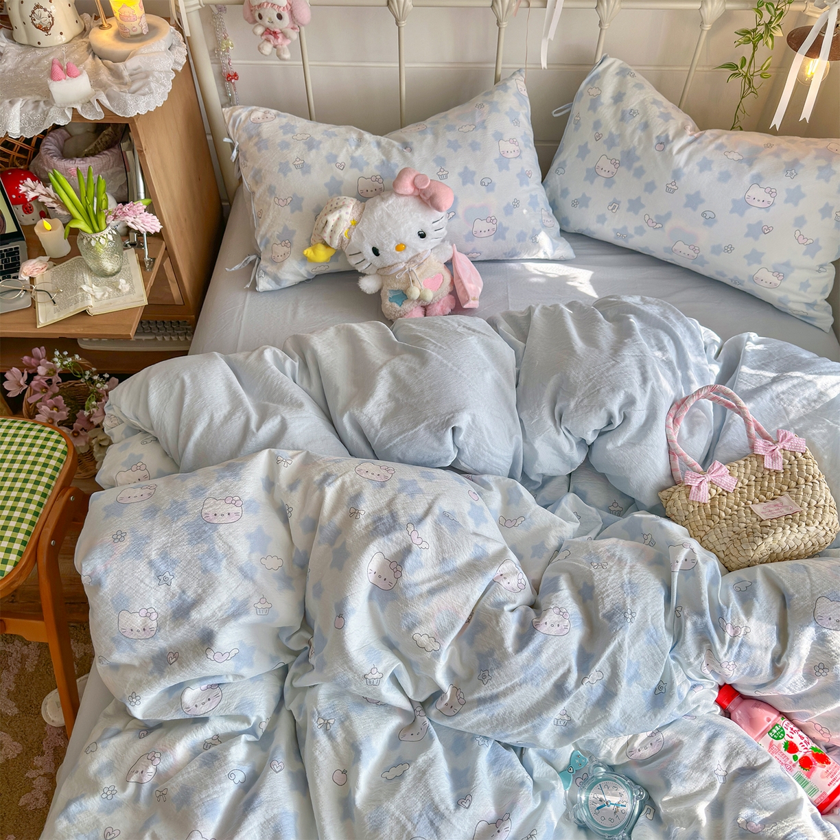 91家纺网 家纺一手货源 找家纺 优选 2026新款小清新直播热卖款云感双层纱木棉床盖四件套系列 爱心喵