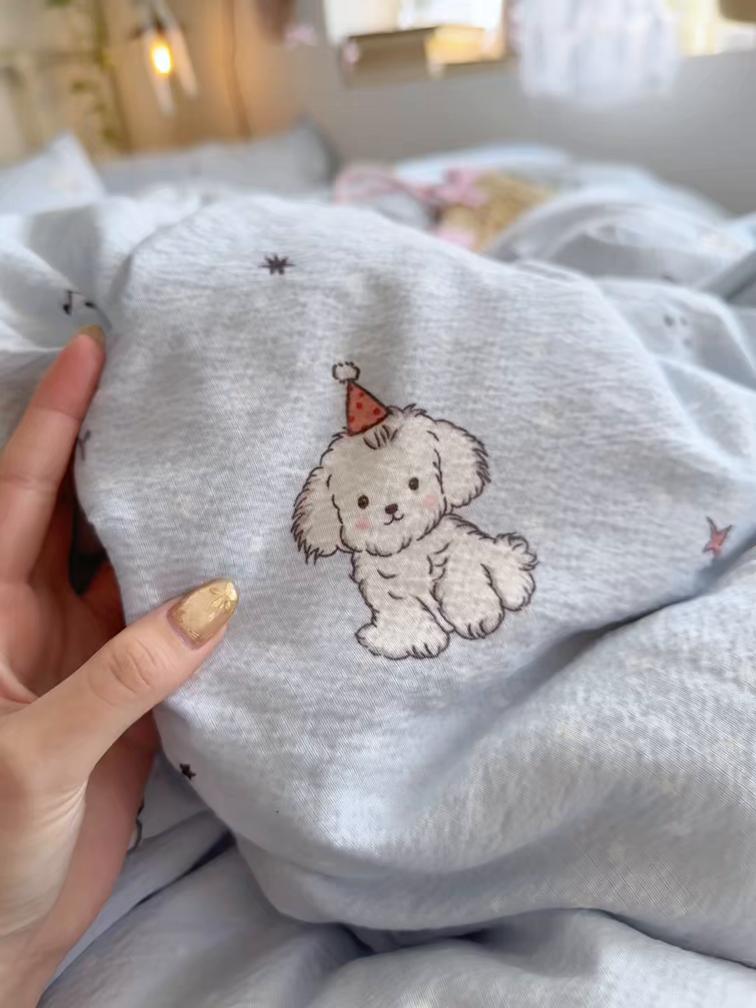 91家纺网 家纺一手货源 找家纺 优选良品 2026新款小清新直播热卖款云感双层纱木棉四件套系列（小红书热款推荐） 可爱修狗