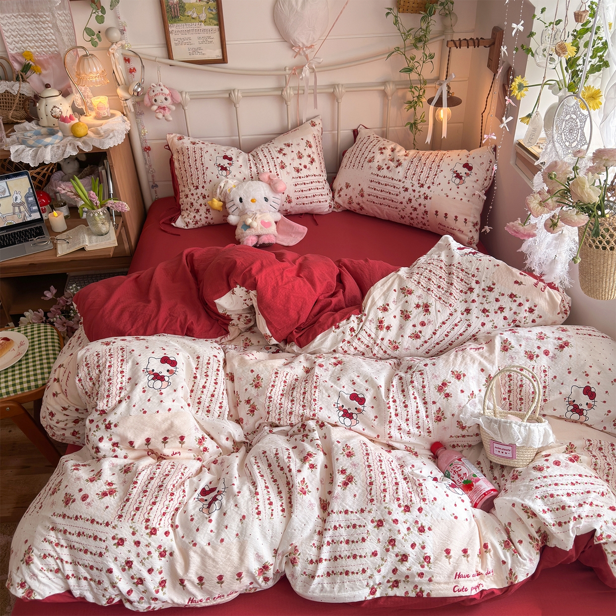 91家纺网 家纺一手货源 找家纺 优选良品 2026新款小清新直播热卖款云感双层纱木棉四件套系列（小红书热款推荐） 浪漫kt