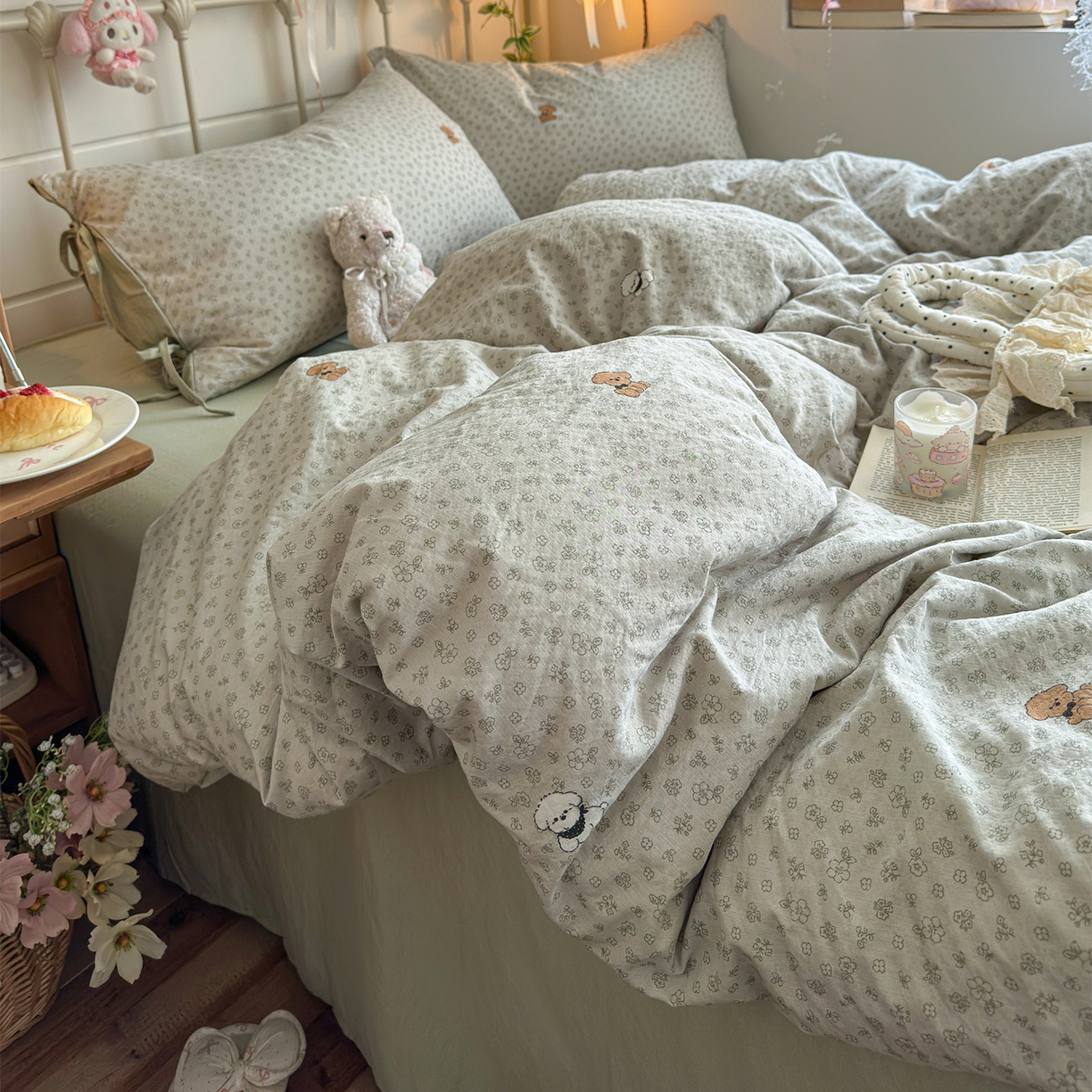 91家纺网 家纺一手货源 找家纺 优选良品 2026新款小清新直播热卖款云感双层纱木棉四件套系列（小红书热款推荐） 两只汪汪