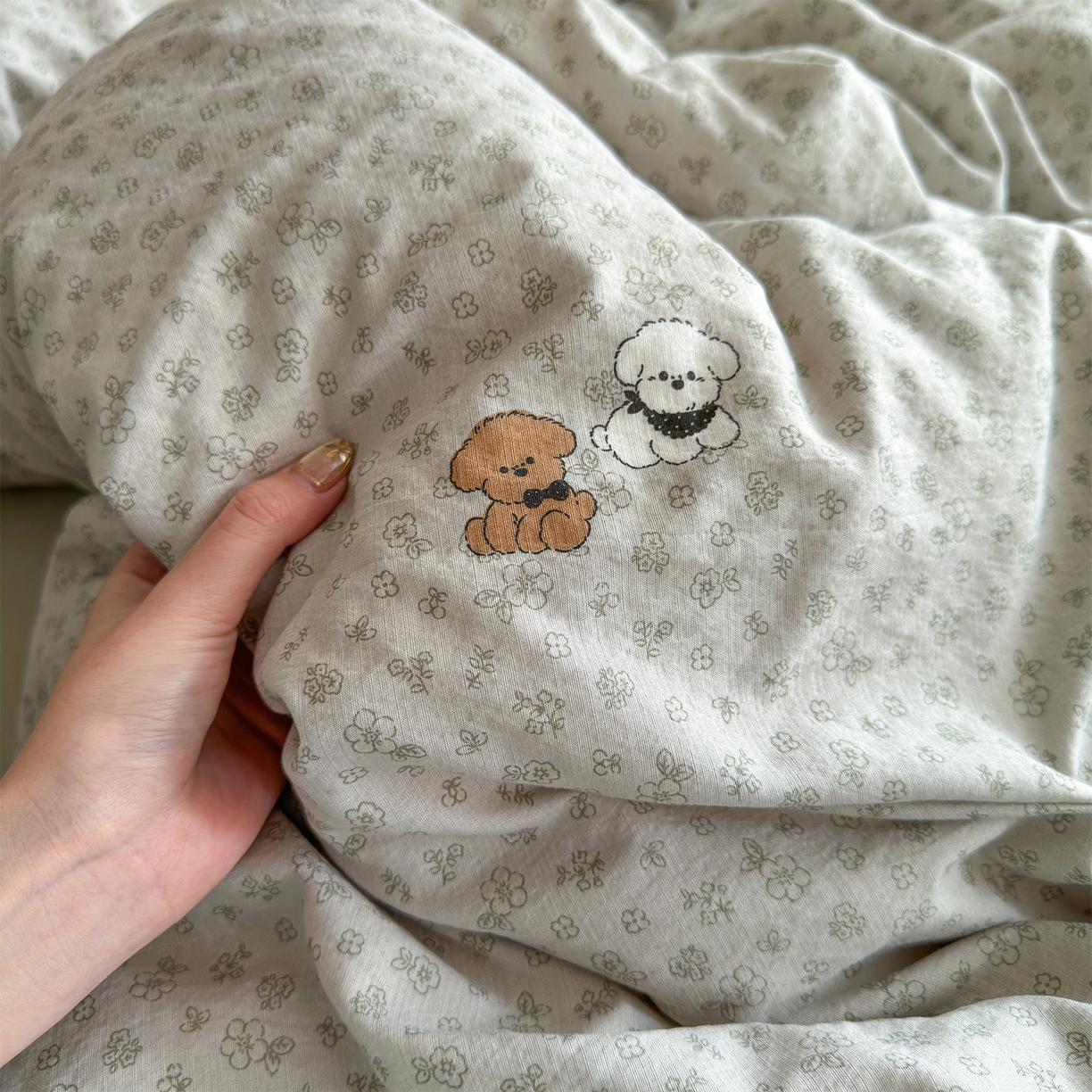 91家纺网 家纺一手货源 找家纺 优选良品 2026新款小清新直播热卖款云感双层纱木棉四件套系列（小红书热款推荐） 两只汪汪