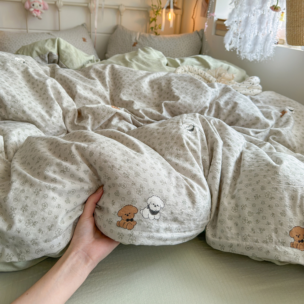 91家纺网 家纺一手货源 找家纺 优选良品 2026新款小清新直播热卖款云感双层纱木棉四件套系列（小红书热款推荐） 两只汪汪