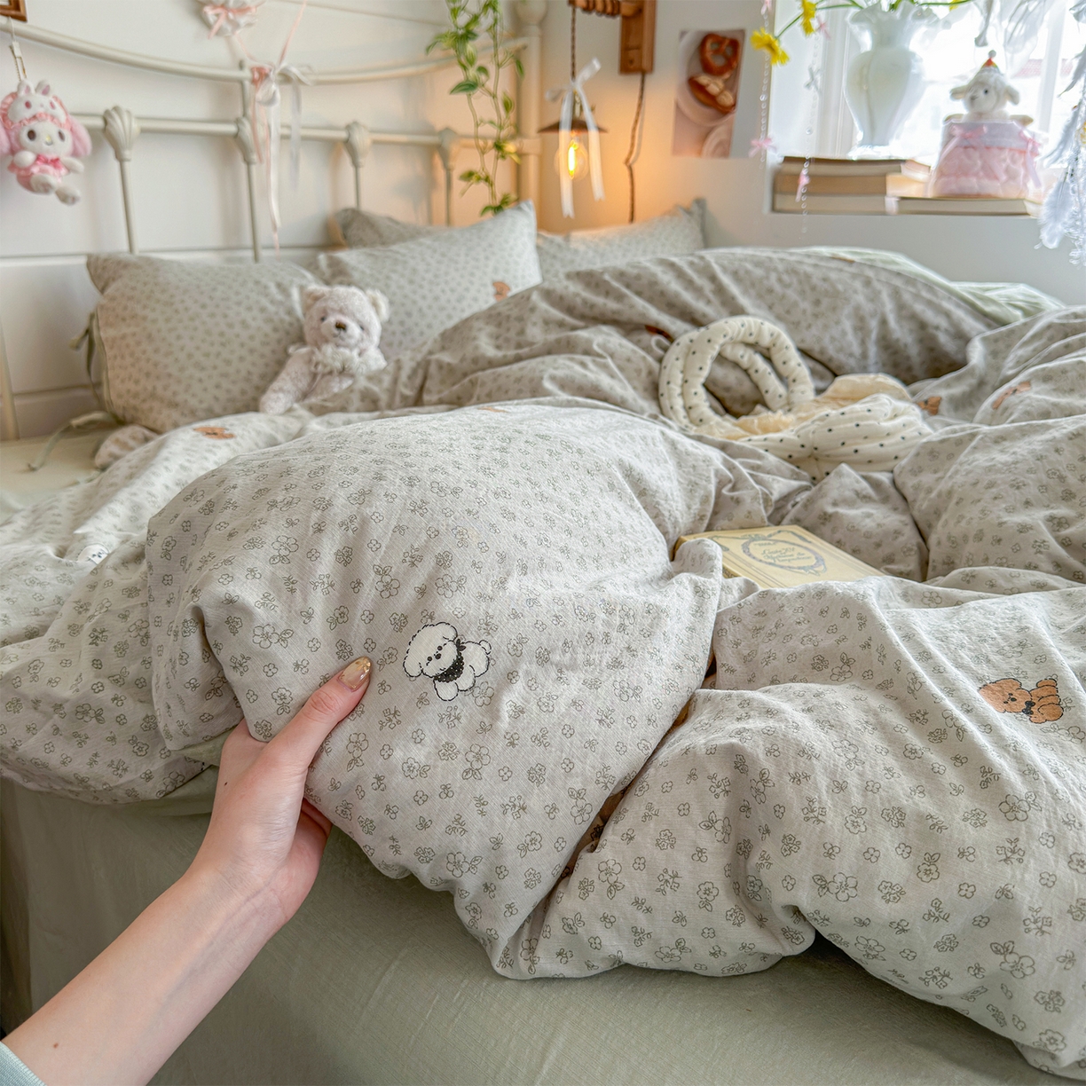 91家纺网 家纺一手货源 找家纺 优选良品 2026新款小清新直播热卖款云感双层纱木棉四件套系列（小红书热款推荐） 两只汪汪