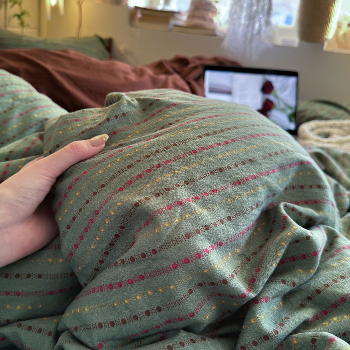 91家纺网 家纺一手货源 找家纺 优选 2026新款小清新直播热卖款云感双层纱木棉床盖四件套系列 费尔岛