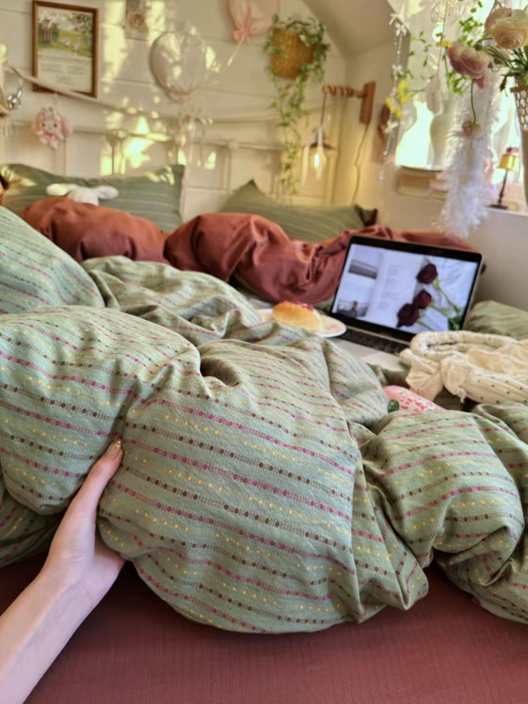 91家纺网 家纺一手货源 找家纺 优选 2026新款小清新直播热卖款云感双层纱木棉床盖四件套系列 费尔岛