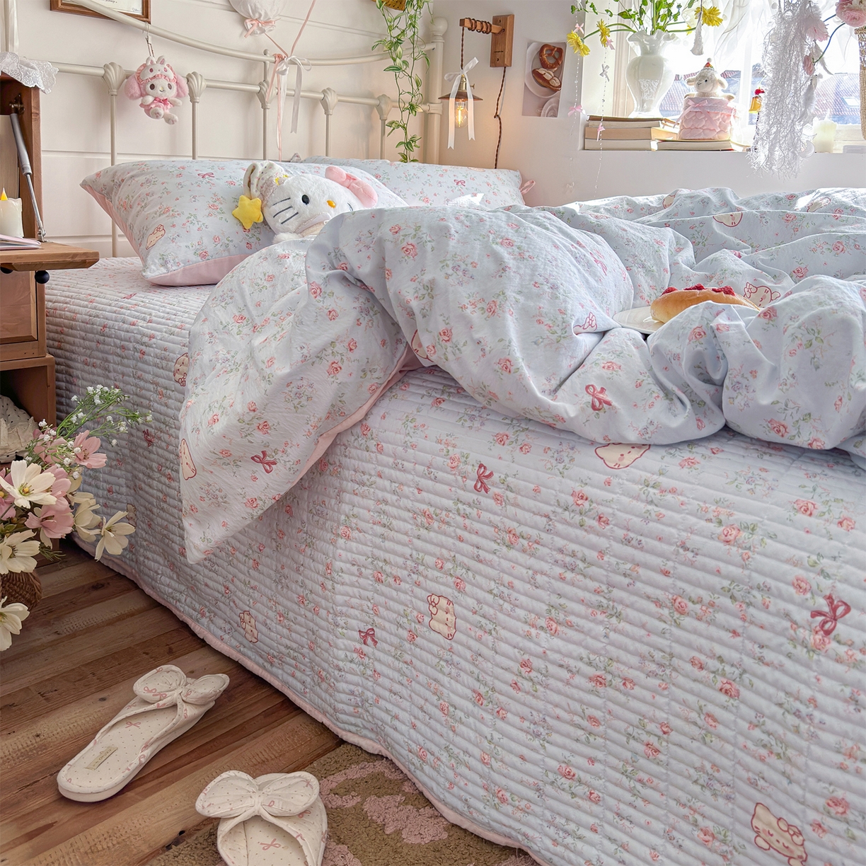 91家纺网 家纺一手货源 找家纺 优选 2026新款小清新直播热卖款云感双层纱木棉床盖四件套系列 花甜喵