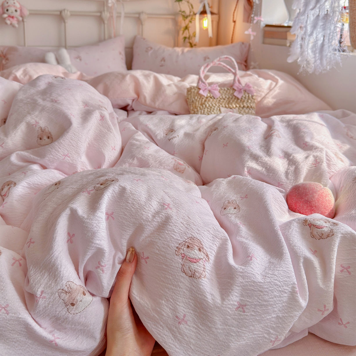 91家纺网 家纺一手货源 找家纺 优选良品 2026新款小清新直播热卖款云感双层纱木棉四件套系列（小红书热款推荐） 萌萌免