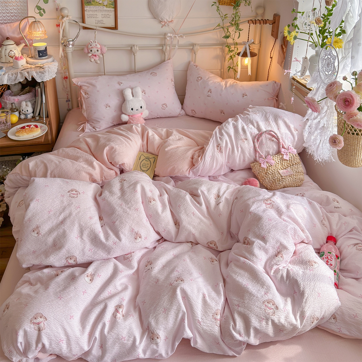 91家纺网 家纺一手货源 找家纺 优选良品 2026新款小清新直播热卖款云感双层纱木棉四件套系列（小红书热款推荐） 萌萌免