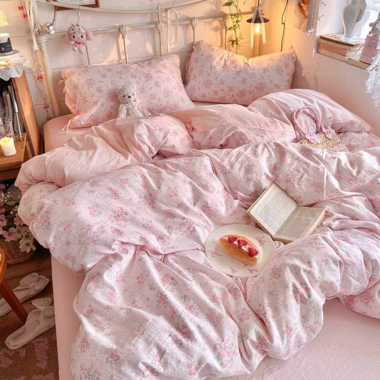 91家纺网 家纺一手货源 找家纺 优选 2026新款小清新直播热卖款云感双层纱木棉床盖四件套系列 花漾