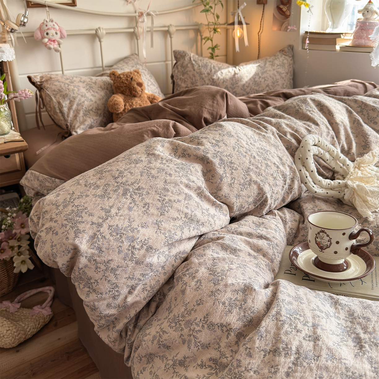 91家纺网 家纺一手货源 找家纺 优选良品 2026新款小清新直播热卖款云感双层纱木棉四件套系列（小红书热款推荐） 清墨