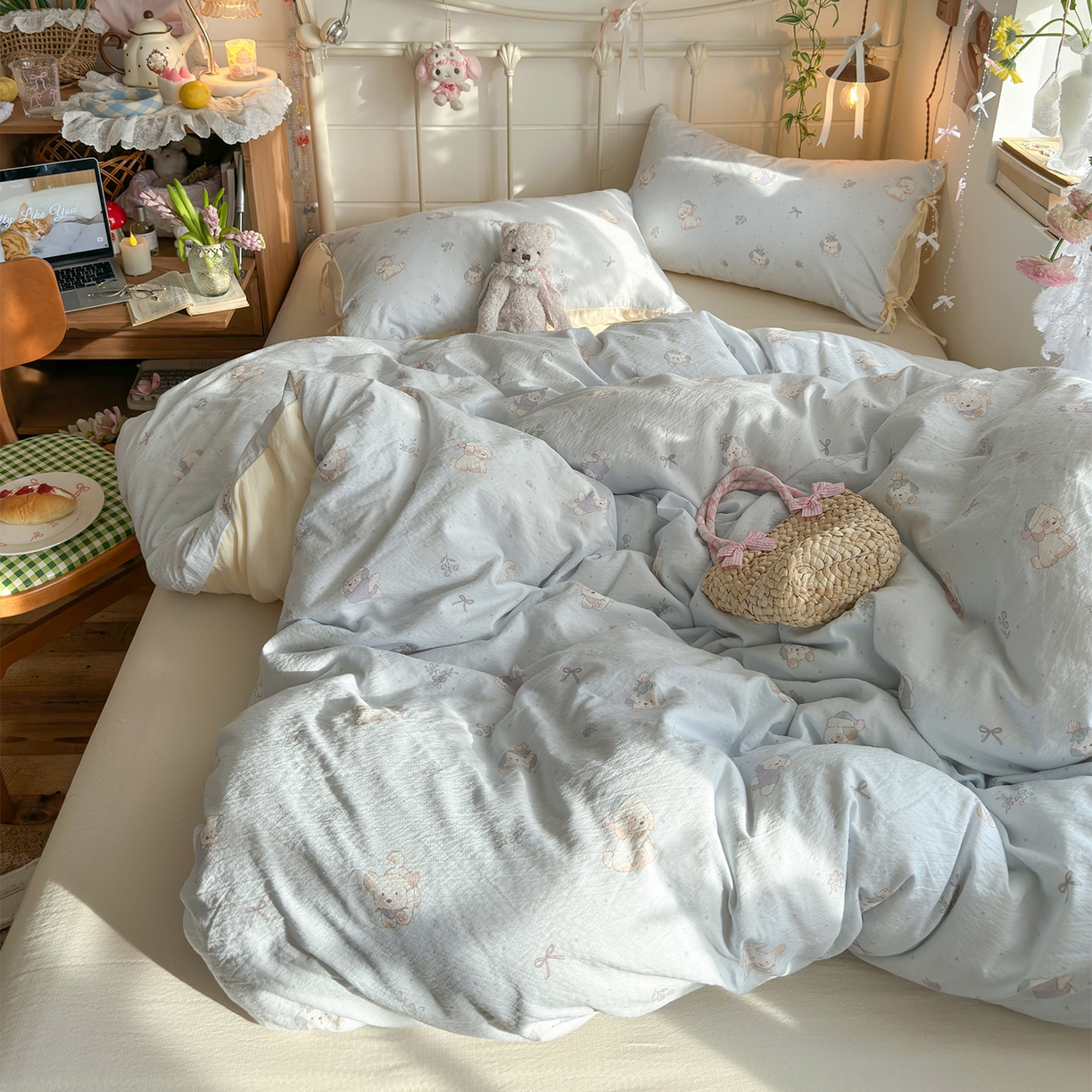 91家纺网 家纺一手货源 找家纺 优选良品 2026新款小清新直播热卖款云感双层纱木棉四件套系列（小红书热款推荐） 幸运狗狗