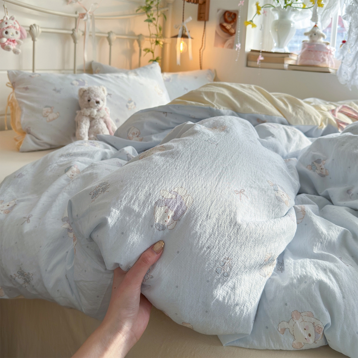 91家纺网 家纺一手货源 找家纺 优选良品 2026新款小清新直播热卖款云感双层纱木棉四件套系列（小红书热款推荐） 幸运狗狗