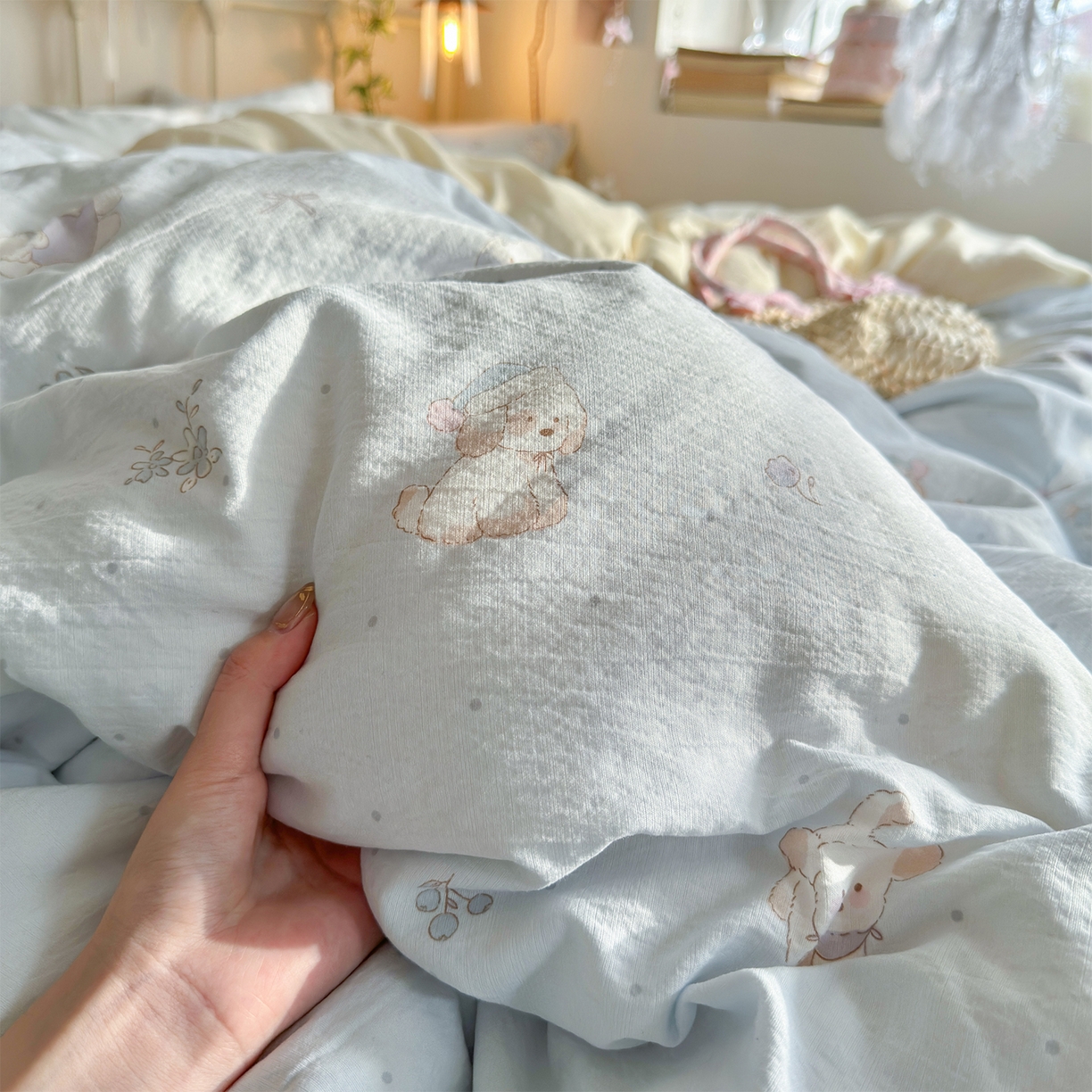 91家纺网 家纺一手货源 找家纺 优选良品 2026新款小清新直播热卖款云感双层纱木棉四件套系列（小红书热款推荐） 幸运狗狗