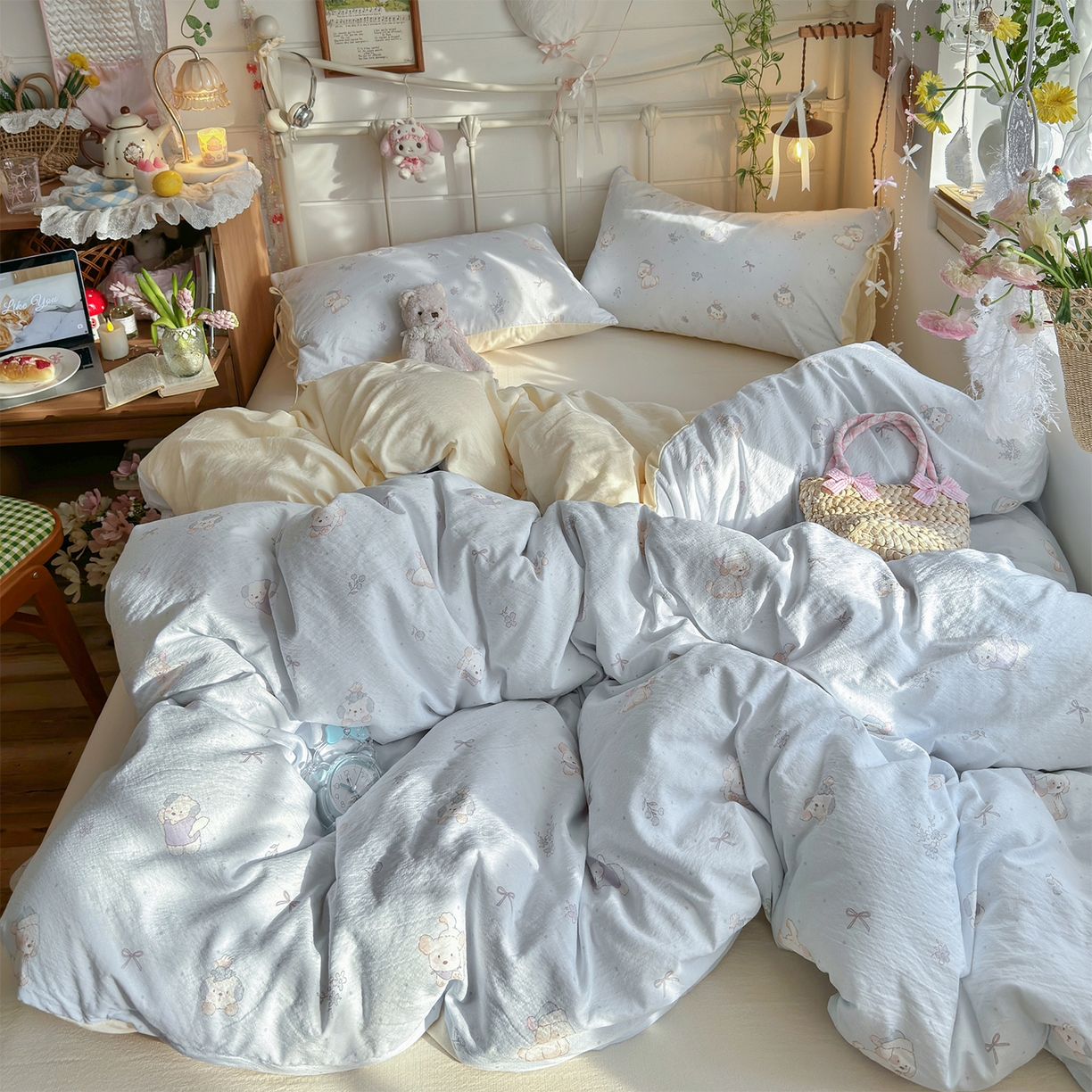 91家纺网 家纺一手货源 找家纺 优选良品 2026新款小清新直播热卖款云感双层纱木棉四件套系列（小红书热款推荐） 幸运狗狗