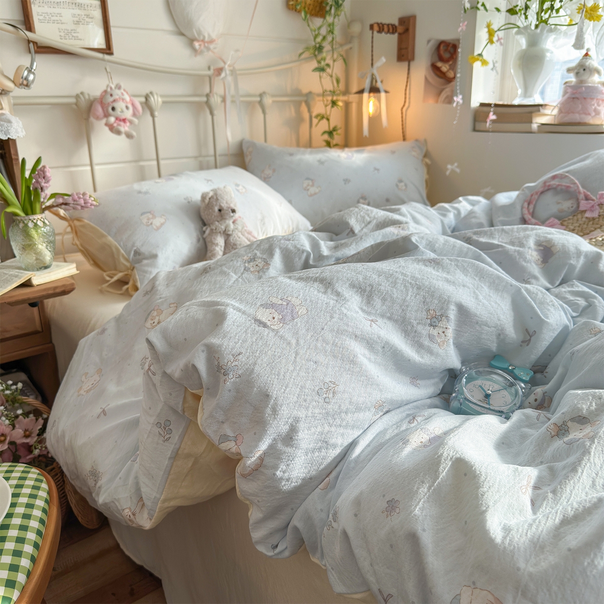 91家纺网 家纺一手货源 找家纺 优选良品 2026新款小清新直播热卖款云感双层纱木棉四件套系列（小红书热款推荐） 幸运狗狗