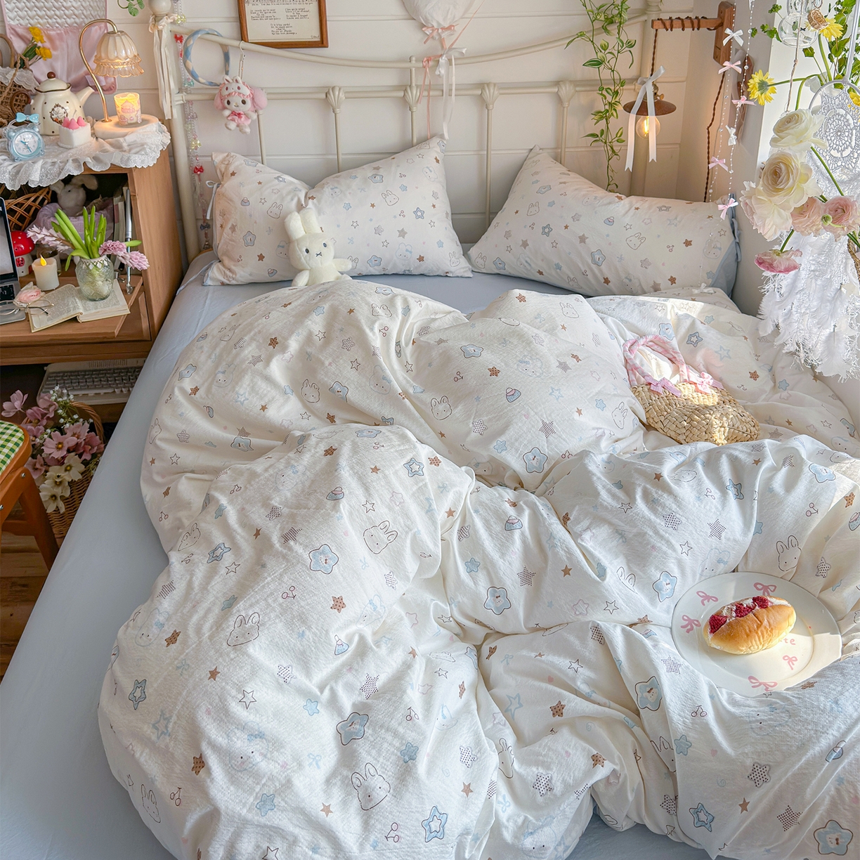 91家纺网 家纺一手货源 找家纺 优选 2026新款小清新直播热卖款云感双层纱木棉床盖四件套系列 花屿轻梦