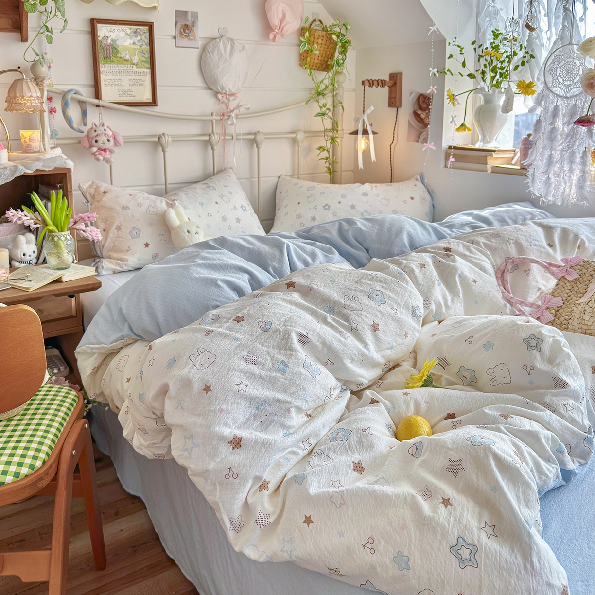 91家纺网 家纺一手货源 找家纺 优选 2026新款小清新直播热卖款云感双层纱木棉床盖四件套系列 花屿轻梦