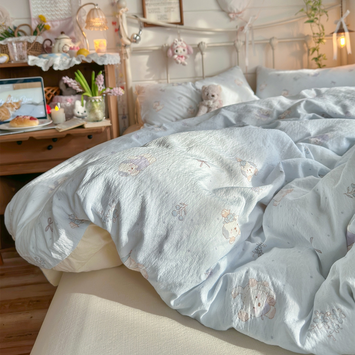 91家纺网 家纺一手货源 找家纺 优选良品 2026新款小清新直播热卖款云感双层纱木棉四件套系列（小红书热款推荐） 幸运狗狗