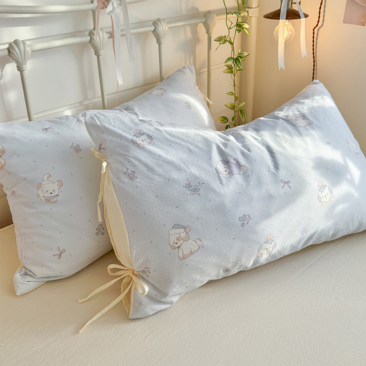 91家纺网 家纺一手货源 找家纺 优选良品 2026新款小清新直播热卖款云感双层纱木棉四件套系列（小红书热款推荐） 幸运狗狗