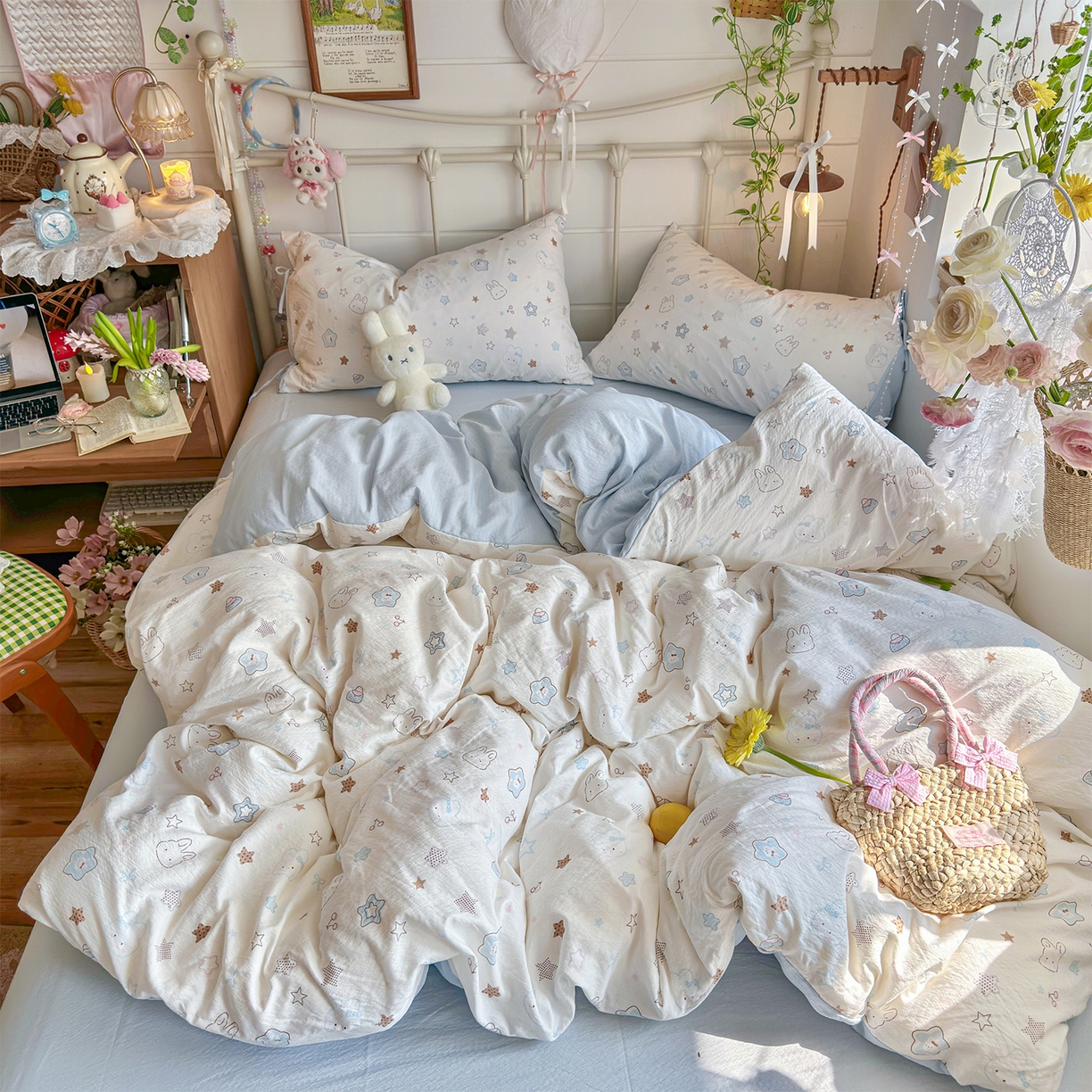 91家纺网 家纺一手货源 找家纺 优选 2026新款小清新直播热卖款云感双层纱木棉床盖四件套系列 花屿轻梦