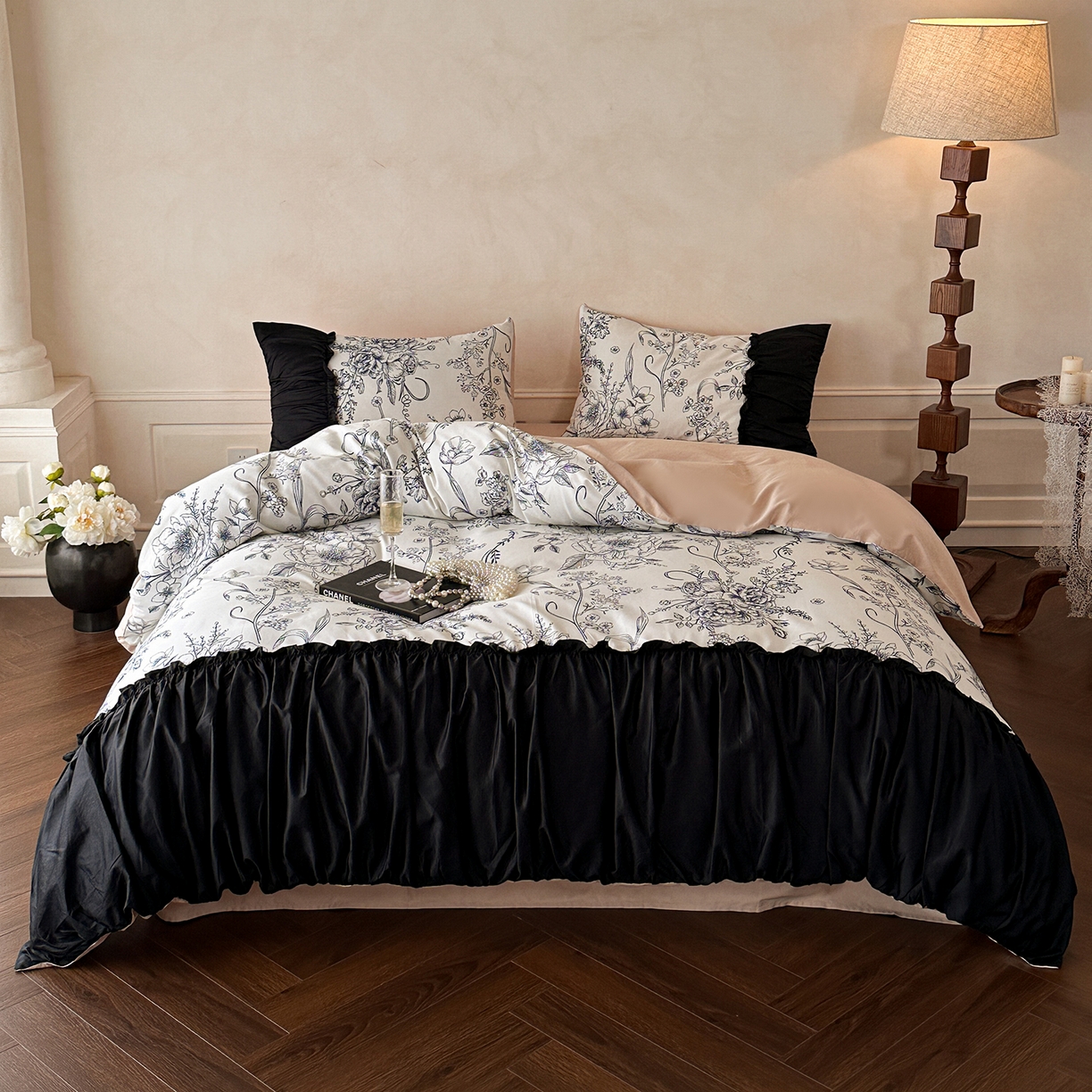 91家纺网 家纺一手货源 找家纺 置顶家纺 2026新款数码印花褶皱拼接亲肤系列四件套-素澜 素澜-咖色