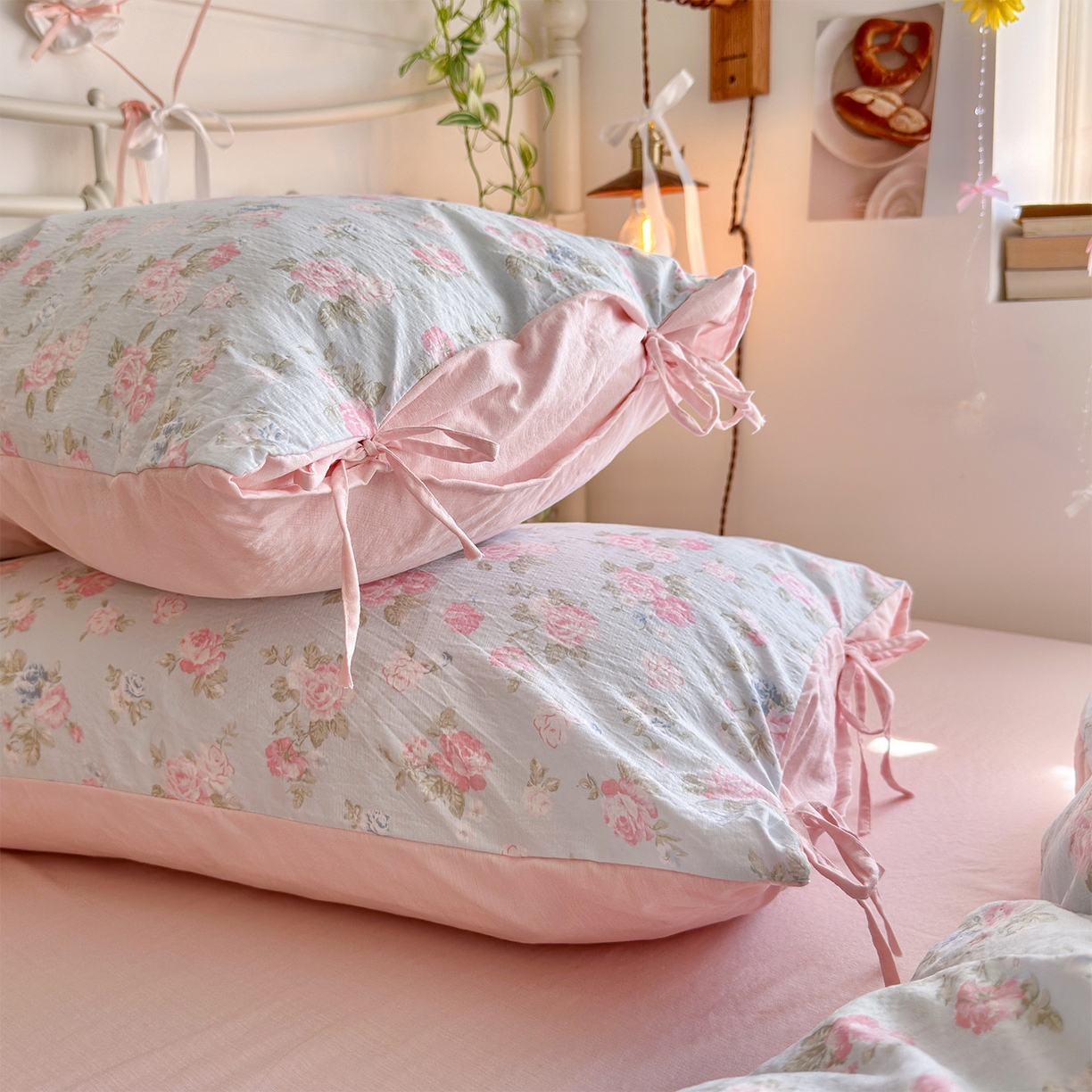 91家纺网 家纺一手货源 找家纺 优选 2026新款小清新直播热卖款云感双层纱木棉床盖四件套系列 花韵