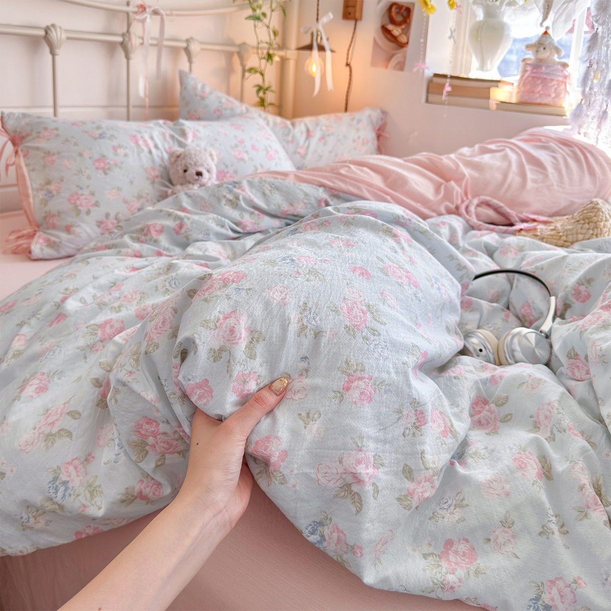 91家纺网 家纺一手货源 找家纺 优选 2026新款小清新直播热卖款云感双层纱木棉床盖四件套系列 花韵