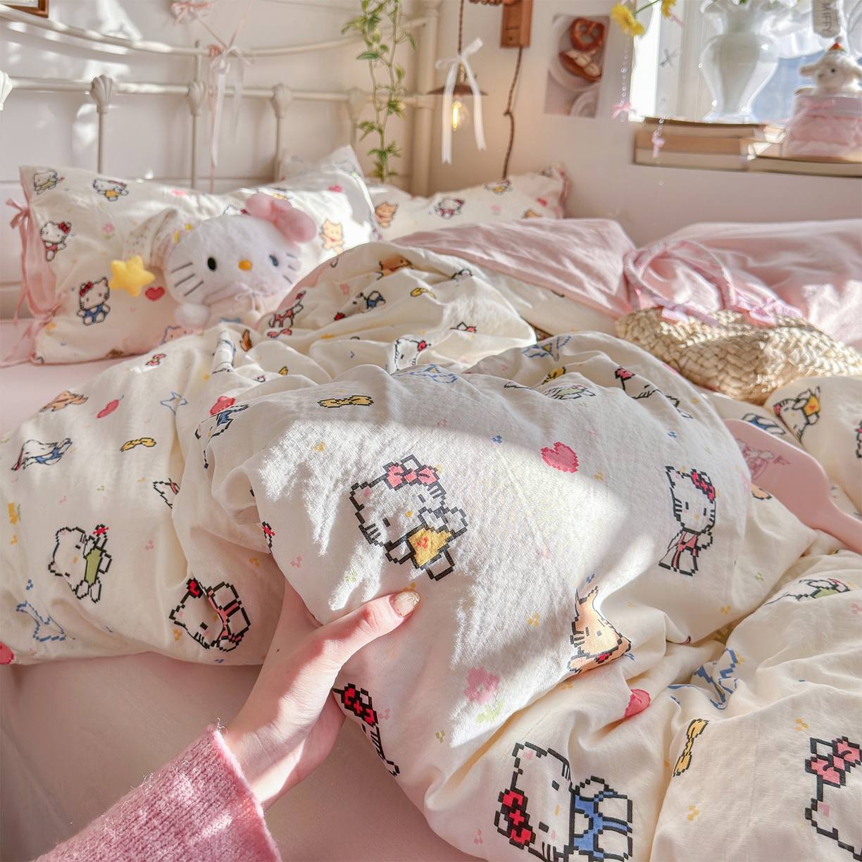 91家纺网 家纺一手货源 找家纺 优选 2026新款小清新直播热卖款云感双层纱木棉床盖四件套系列 可爱喵