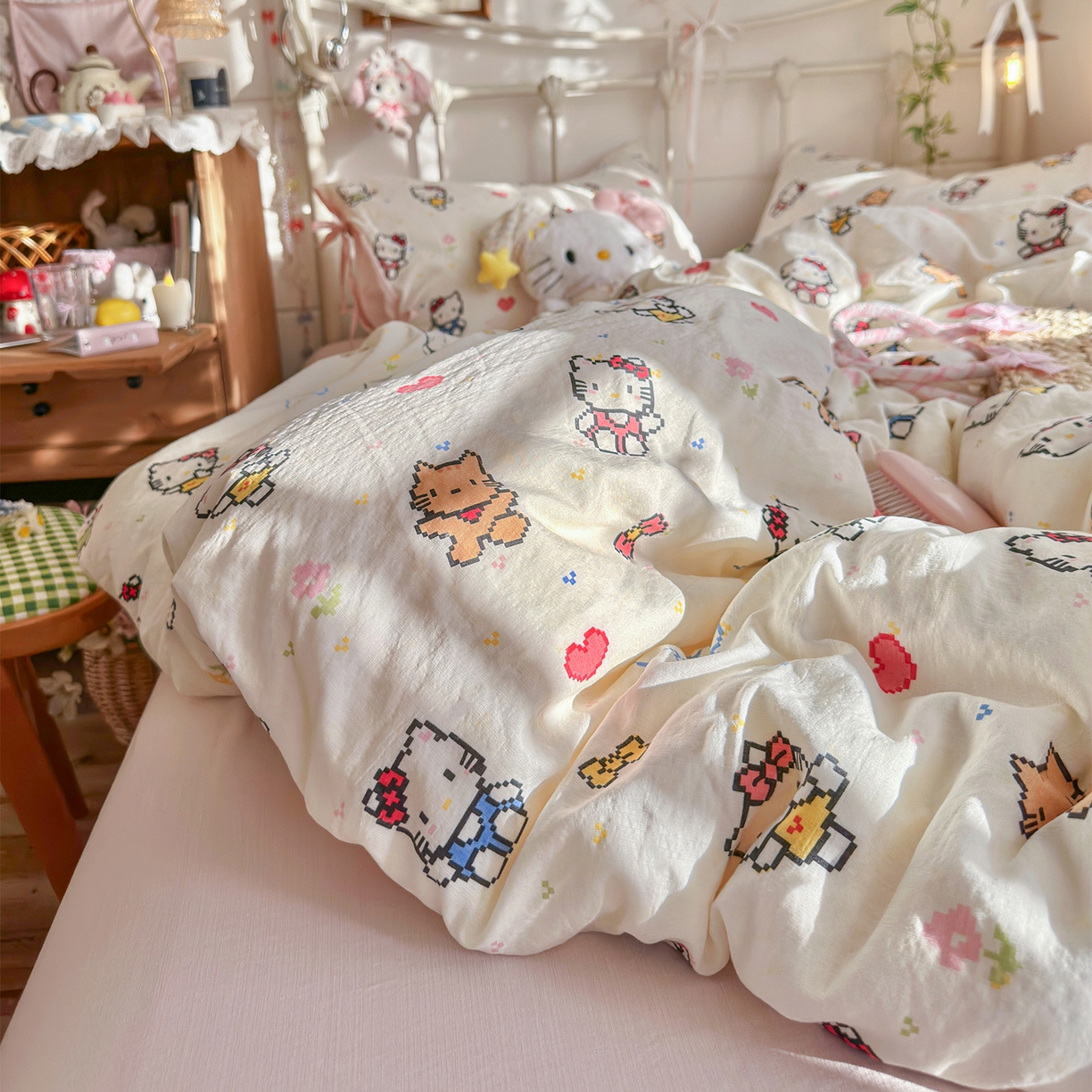 91家纺网 家纺一手货源 找家纺 优选 2026新款小清新直播热卖款云感双层纱木棉床盖四件套系列 可爱喵