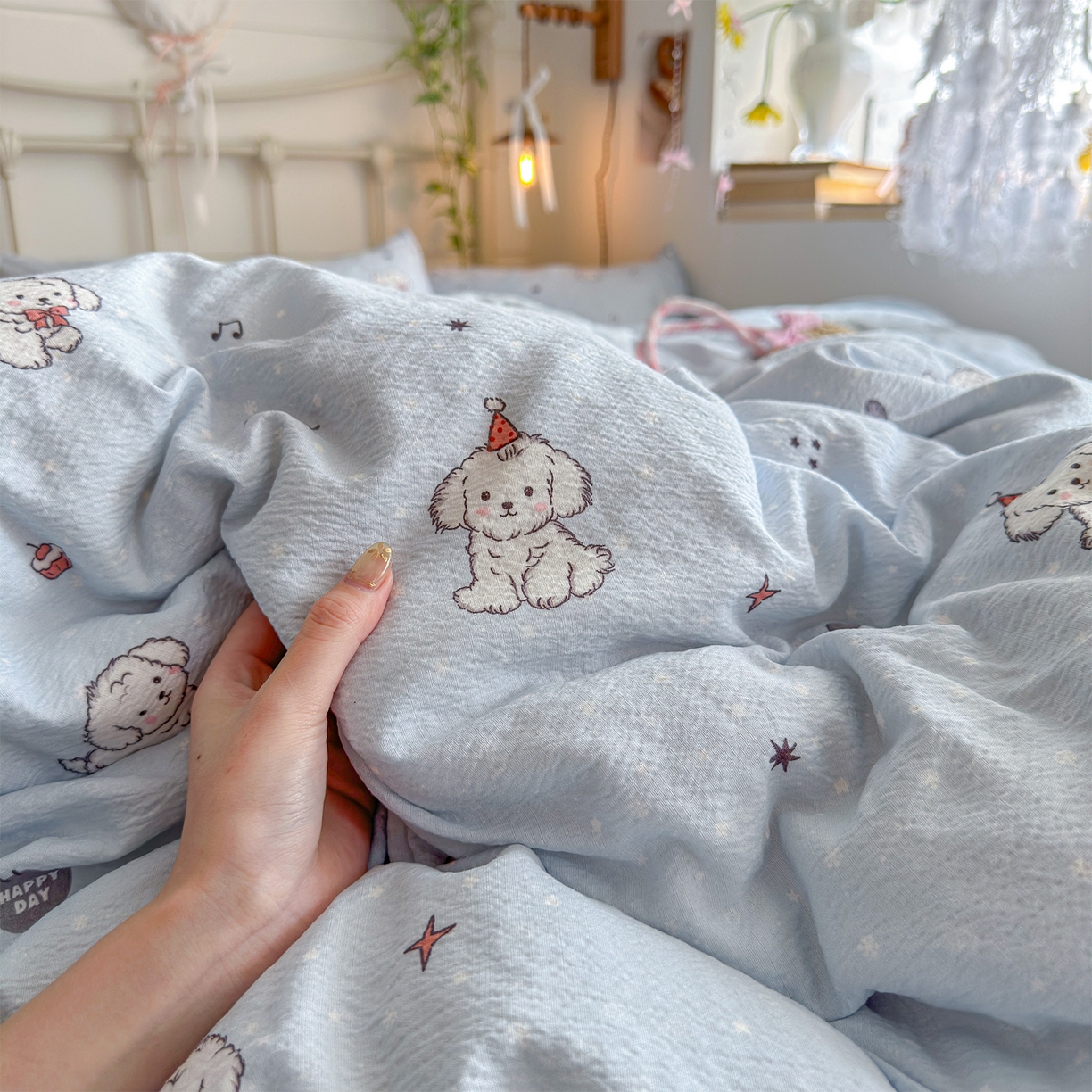 91家纺网 家纺一手货源 找家纺 优选 2026新款小清新直播热卖款云感双层纱木棉床盖四件套系列 可爱修狗