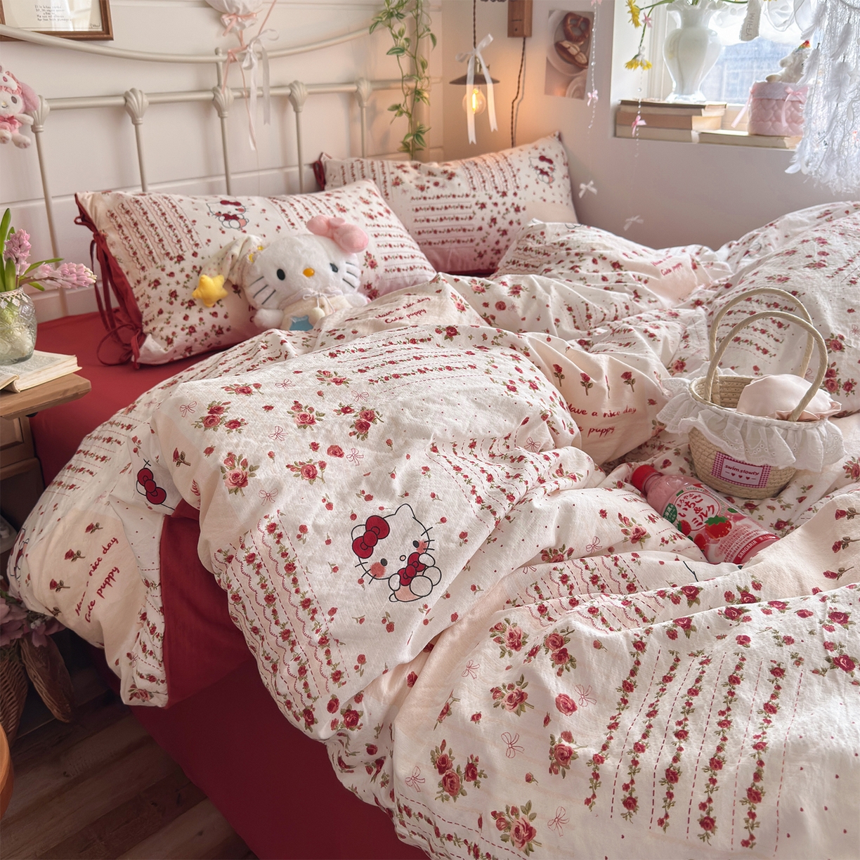 91家纺网 家纺一手货源 找家纺 优选 2026新款小清新直播热卖款云感双层纱木棉床盖四件套系列 浪漫kt