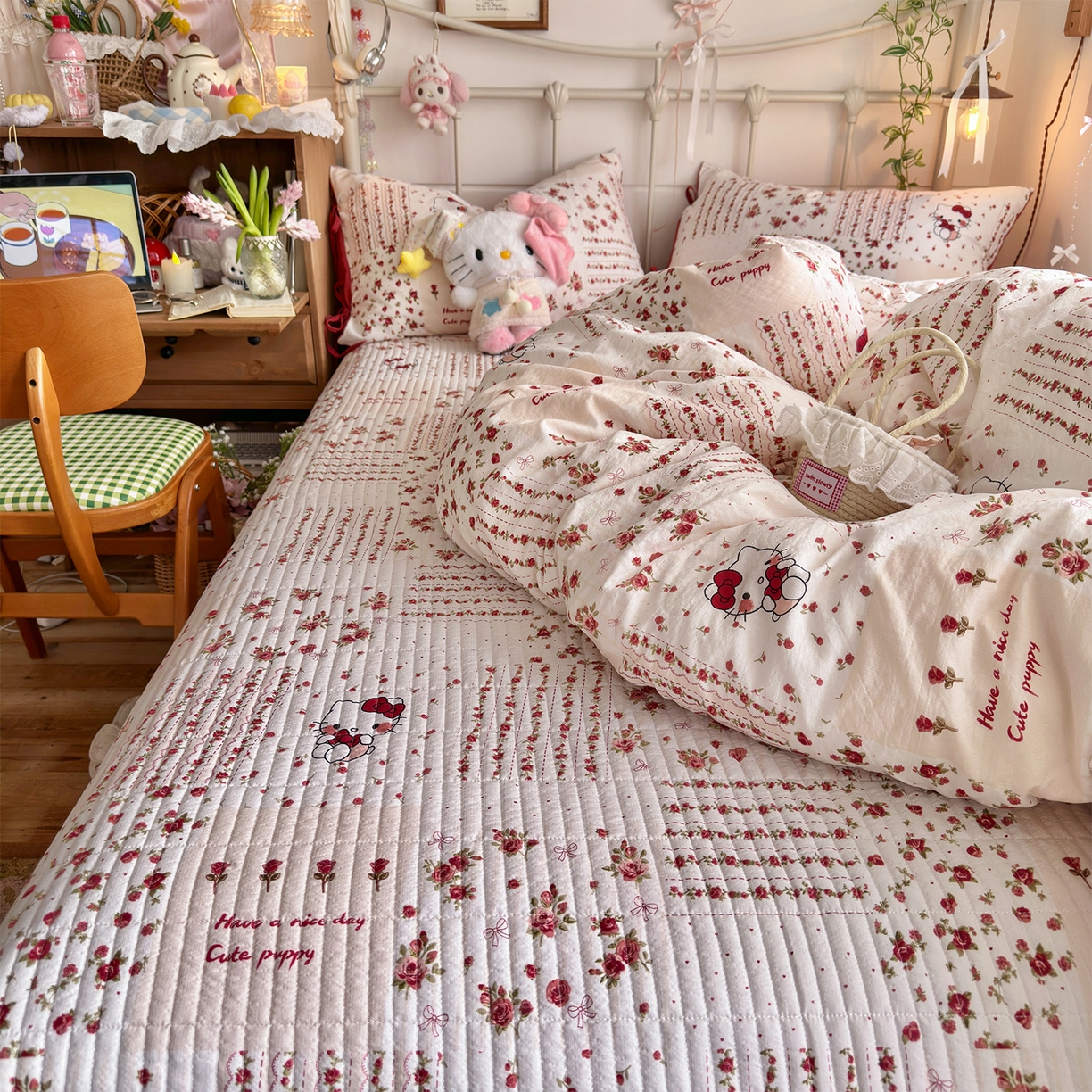 91家纺网 家纺一手货源 找家纺 优选 2026新款小清新直播热卖款云感双层纱木棉床盖四件套系列 浪漫kt