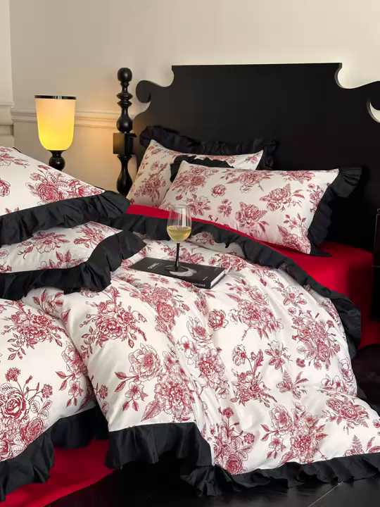 91家纺网 家纺一手货源 找家纺 （总）置顶家纺 2026新款数码印花褶皱拼接亲肤系列四件套-素澜