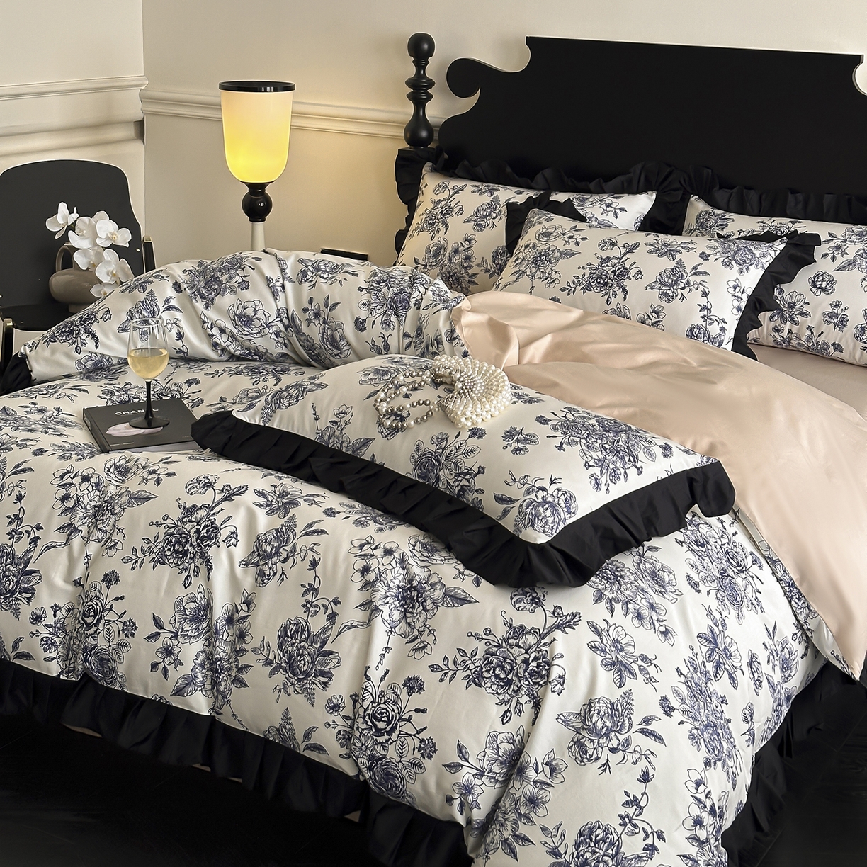 91家纺网 家纺一手货源 找家纺 置顶家纺 2026新款数码印花褶皱拼接亲肤系列四件套-素澜 珈蜜-咖