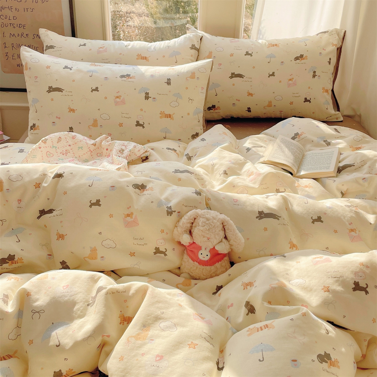 91家纺网 家纺一手货源 找家纺 盛秋家纺 2026新款水洗棉印花四件套-卡通系列 满山猫+猫爪