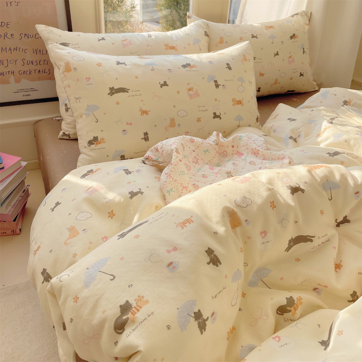 91家纺网 家纺一手货源 找家纺 盛秋家纺 2026新款水洗棉印花四件套-卡通系列 满山猫+猫爪