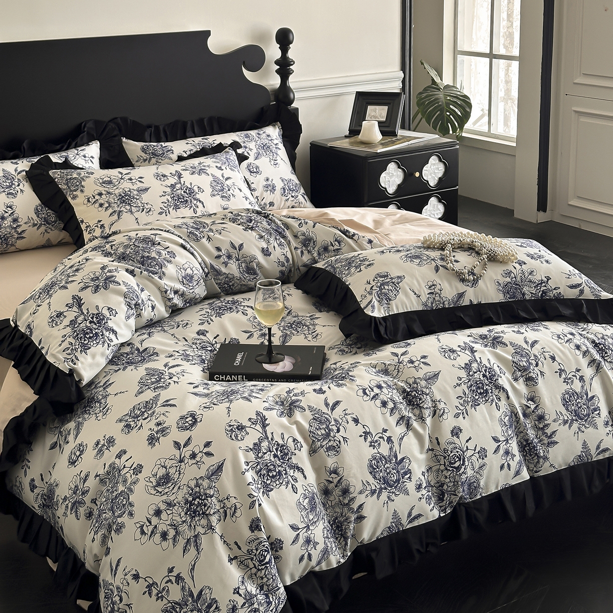 91家纺网 家纺一手货源 找家纺 置顶家纺 2026新款数码印花褶皱拼接亲肤系列四件套-素澜 珈蜜-咖