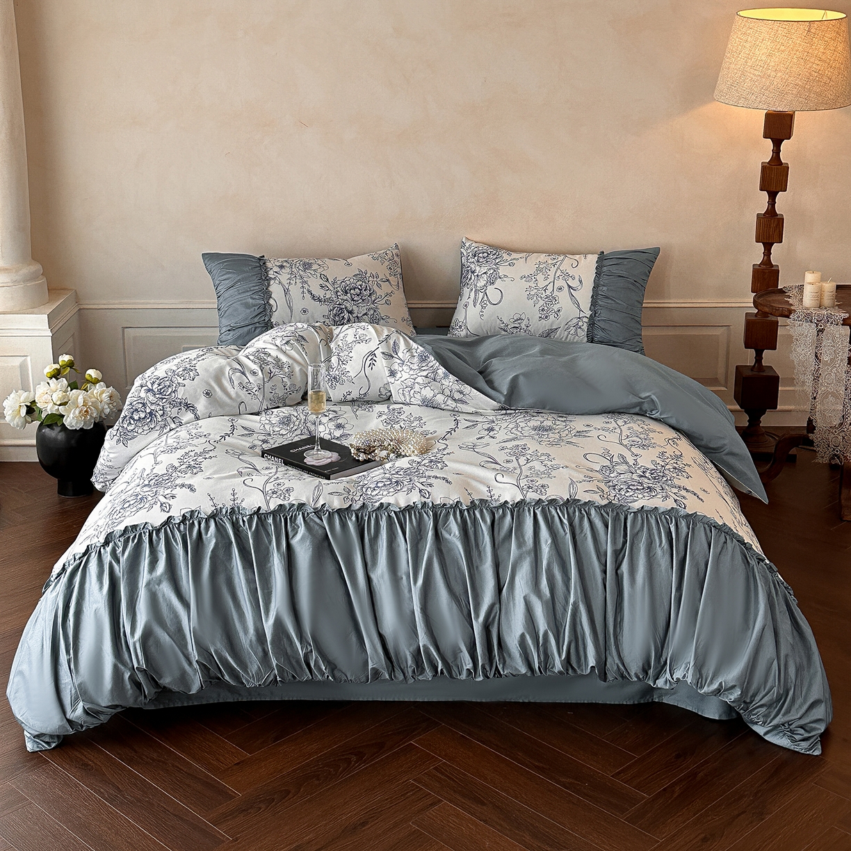 置顶家纺 2026新款数码印花褶皱拼接亲肤系列四件套-素澜 素澜-静兰